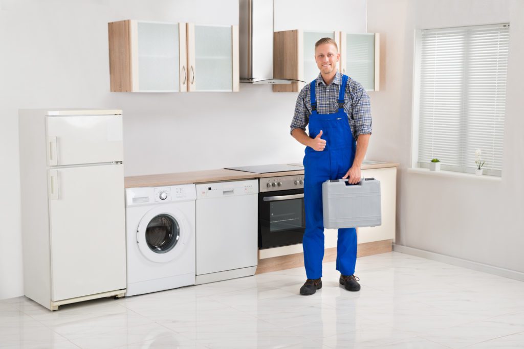 Worker Holding Toolbox In Kitchen